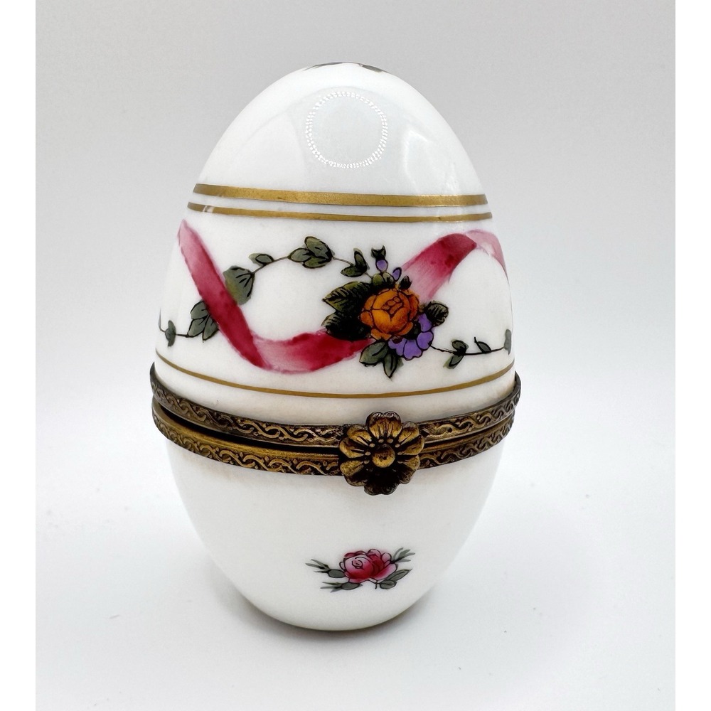 Meissen Style Egg Trinket Box Floral Porcelain Hinged Brass‎ Mount 3" Marked